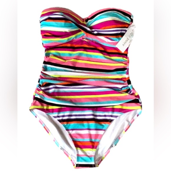 Anne Cole NWT Multicolor Striped Twist Front Bandeau One Piece Swimsuit Size 10 - Picture 4 of 8